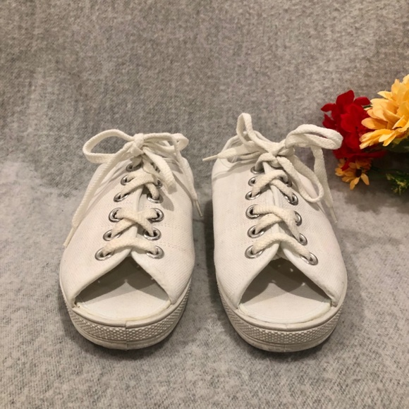 White Canvas Peep Toe Slingback Sneakers - Picture 8 of 16